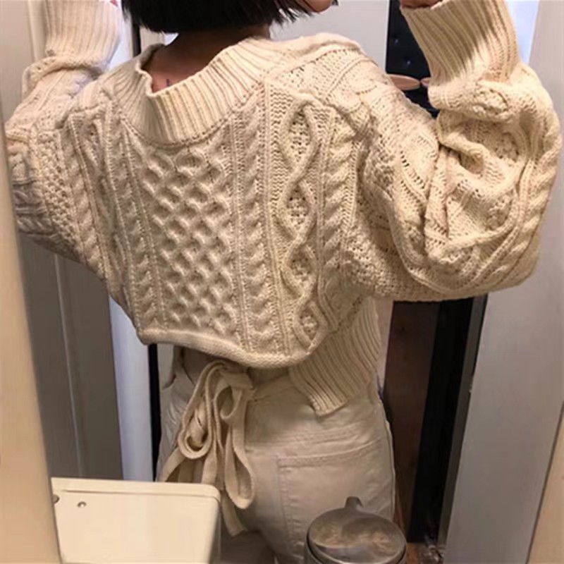 Korean ins playful and sexy temperament personalized discreet back waist tie short sweater sweater