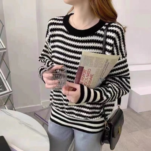 Retro striped round neck sweater for women  autumn and winter new style internet celebrity loose lazy style long-sleeved sweater