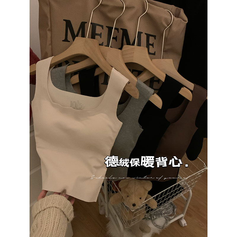 實拍 秋冬德絨保暖吊帶背心女方領露鎖骨帶胸墊修身百搭上衣