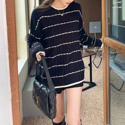 Korean style loose color block crew neck striped twist pullover sweater