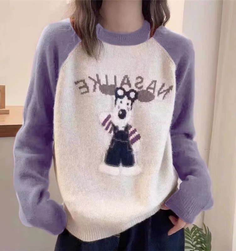美式慵懶時尚圓領插肩袖趣味卡通圖案小狗軟糯毛衣女秋冬2023新款