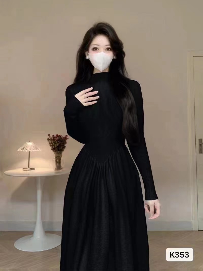 外貿品質針織秋冬女士毛衣裙半高領收腰褶皺大擺裙A字裙女