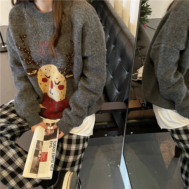 2023 Christmas Red Elk Sweater Women's Autumn and Winter Outerwear Loose Lazy Style Korean Style Knitted Sweater Trendy Top