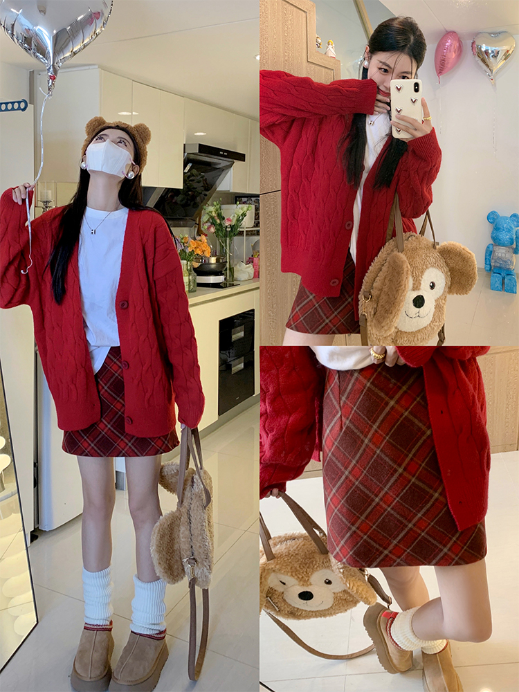 曾小咸 洋氣時髦紅色聖誕開衫上衣女秋冬修身百搭小個子毛衣套裝