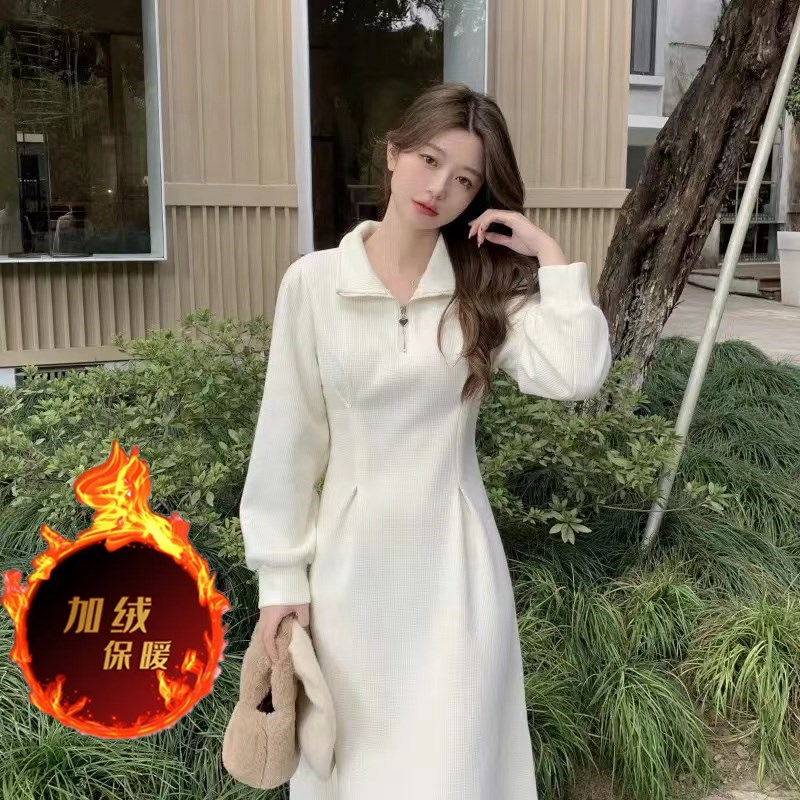 複合加絨加厚秋冬法式心領口拉鏈時尚高級感收腰顯瘦連衣裙子