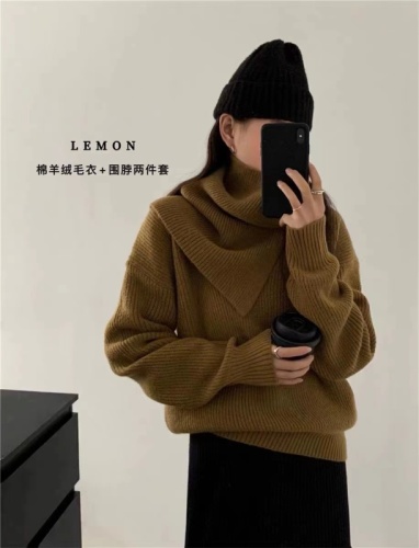 Lazy style loose v-neck pullover sweater women's winter design suit scarf warm sweater two-piece set