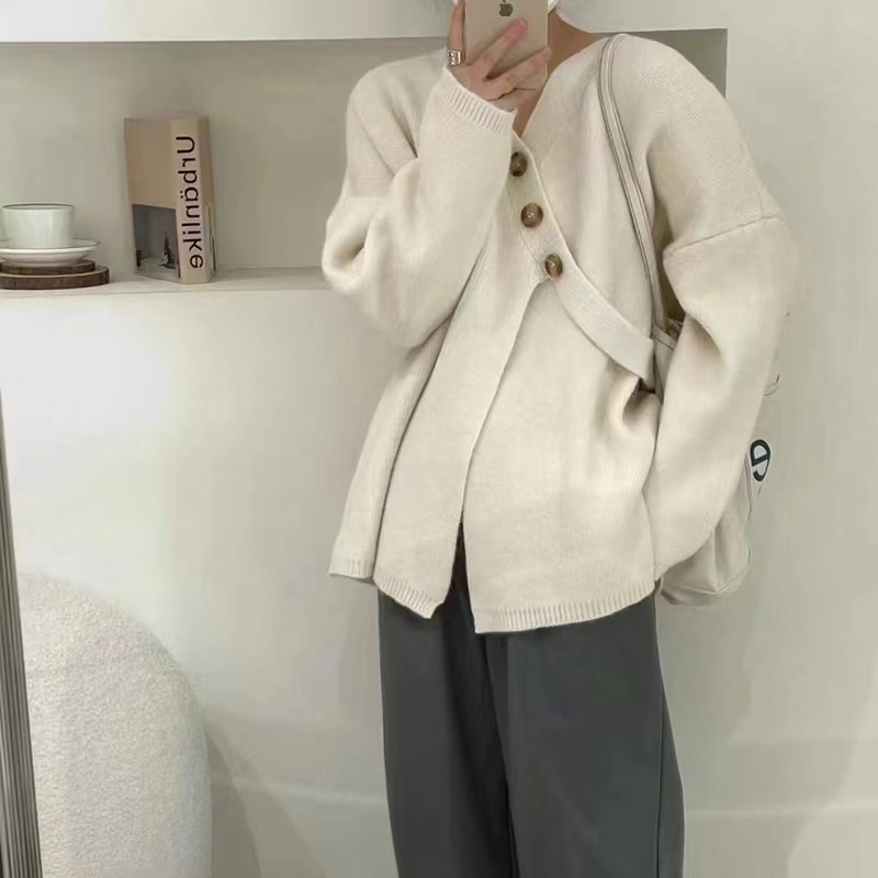 Sweater coat cardigan for women autumn and winter knitted design niche loose lazy style diagonal button v-neck thickening