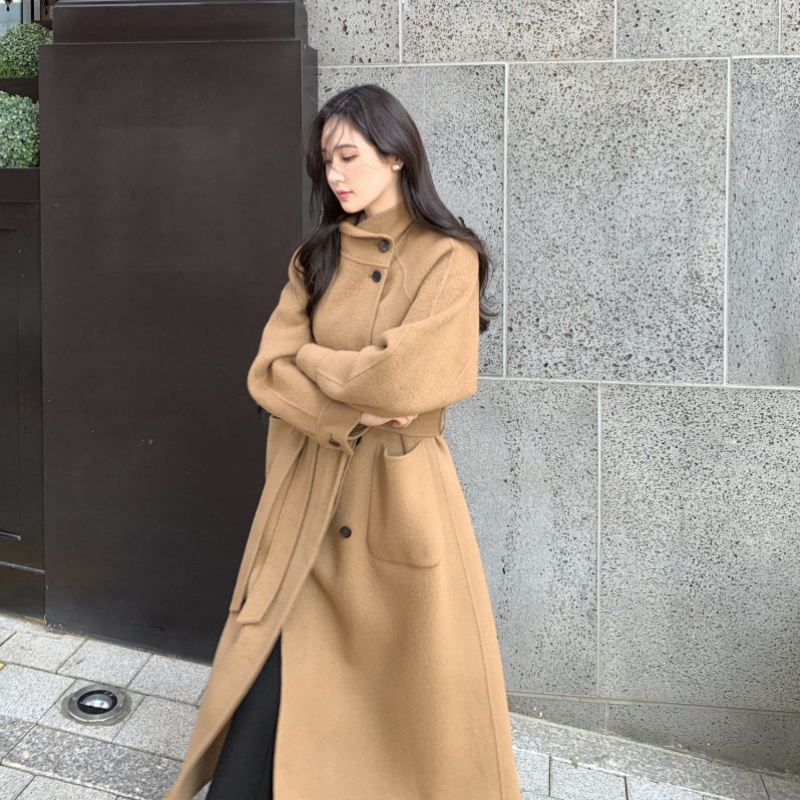 韓國chic法式復古高級感氣質立領單排扣腰帶長款毛呢外套大衣