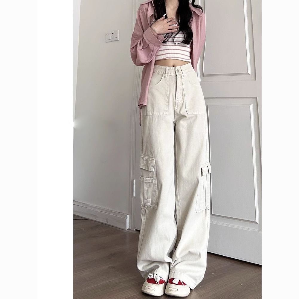 美式復古工裝牛仔褲女秋季2023新款高街高腰顯瘦寬鬆垂感褲子