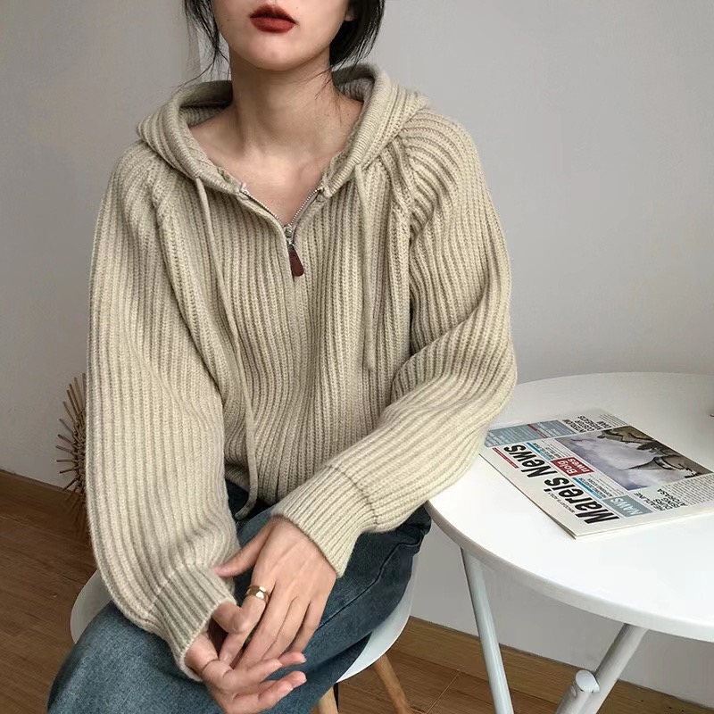 Lazy pink hooded knitted cardigan for women autumn new style loose and stylish design striped short sweater jacket
