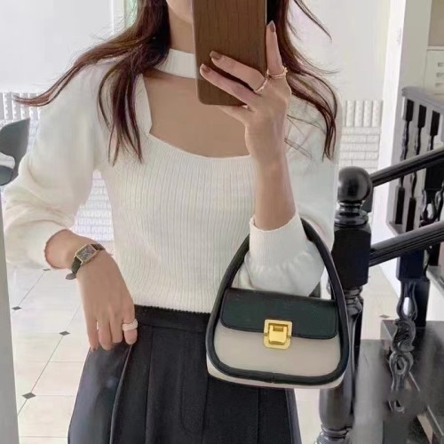 Early autumn square neck leaking clavicle hot girl knitted top women's design niche puff shoulder bottoming shirt for women