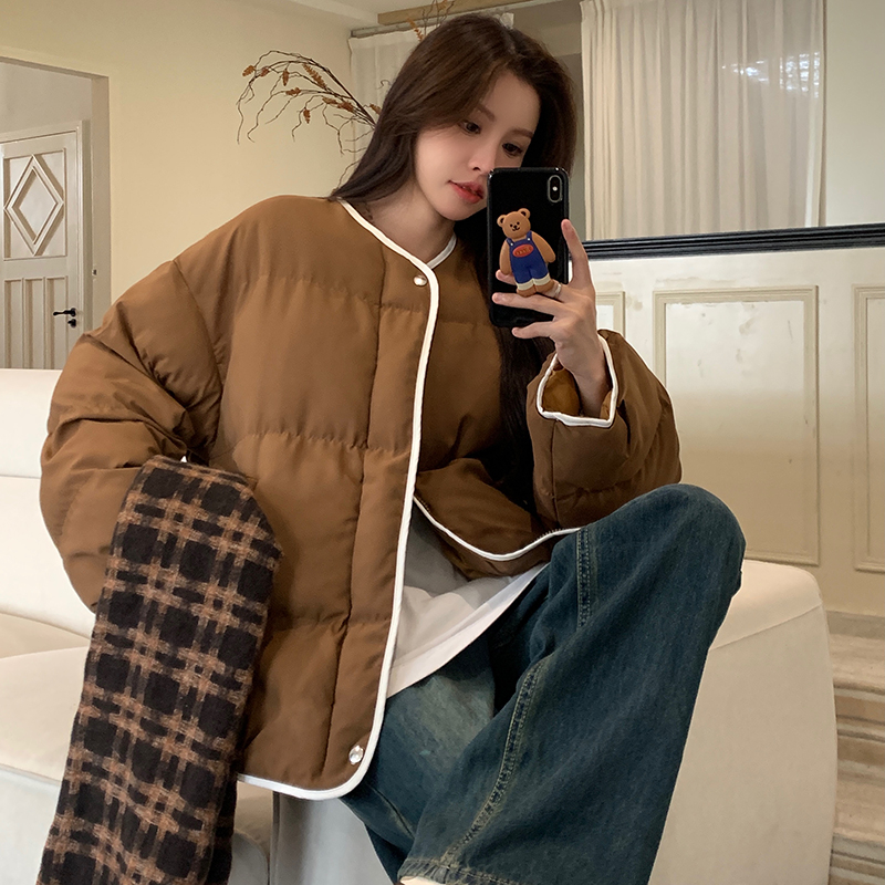 韓版chic百搭撞色包邊無領麵包服棉衣冬季加厚羽絨棉服