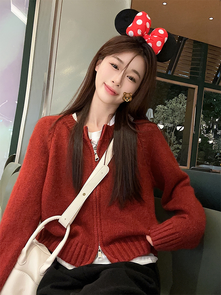 Actual shot of Korean chic autumn and winter simple, lazy and warm multi-color zipper sweater suit three-piece set