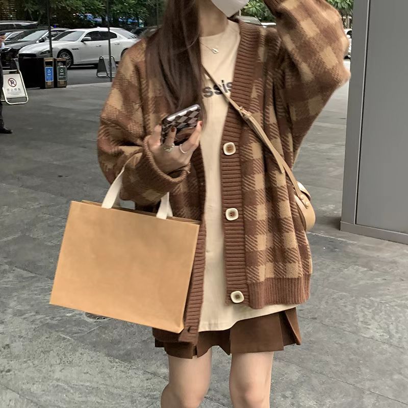 Checkerboard sweater jacket for women Korean style loose V-neck single breasted soft waxy cardigan