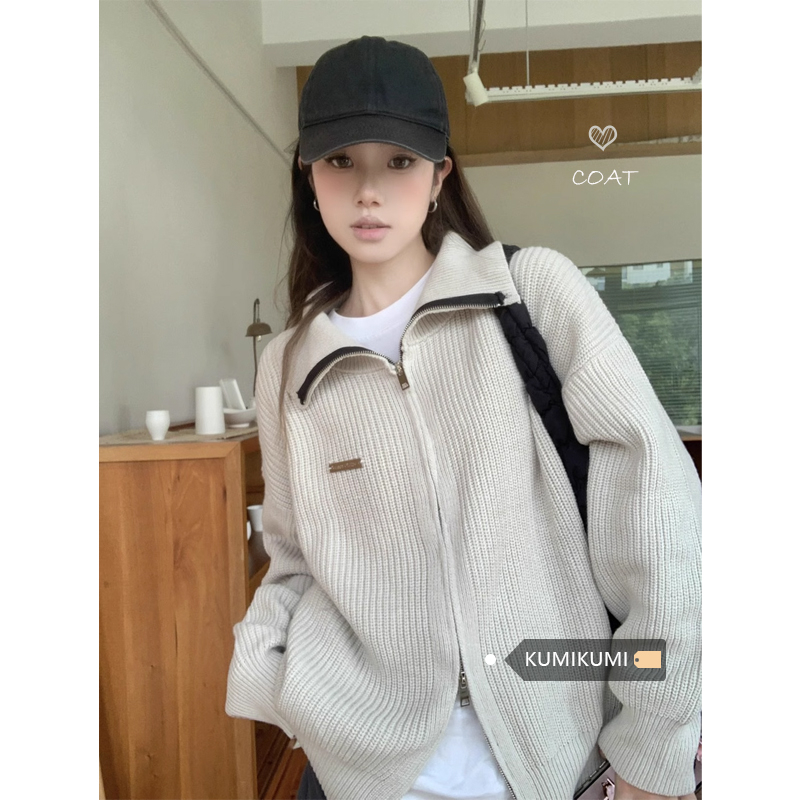 毛衣#甜美針織外套女新款寬鬆顯瘦長袖開衫小眾設計感拉鏈上衣