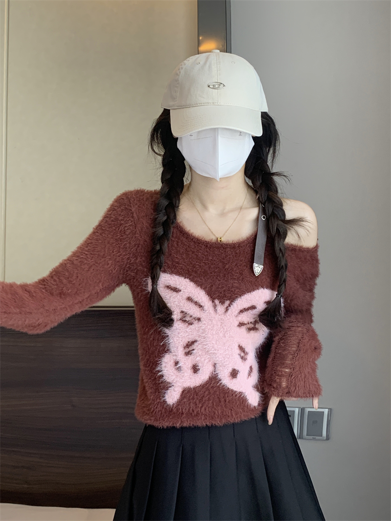 實拍 新款蝴蝶提花針織衫女長袖露肩毛衣緊身短款打底上衣