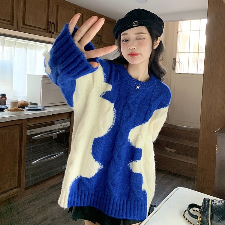 chic contrast thickened sweater for women winter new lazy style design niche coat sweater top