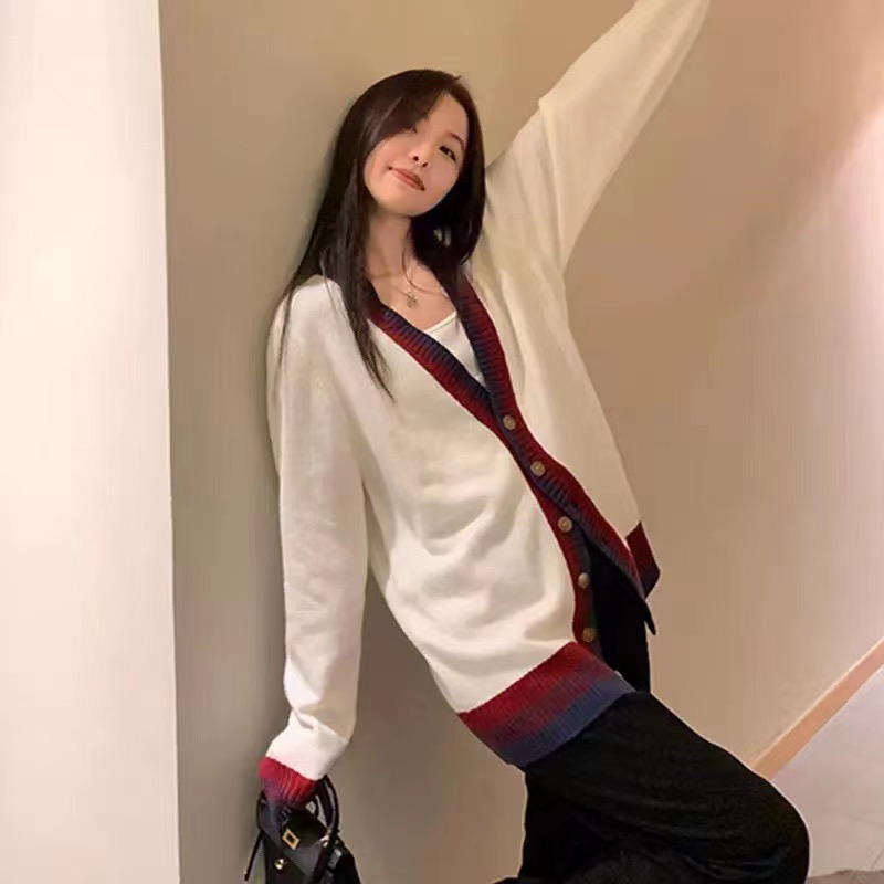 Lazy style wool knitted cardigan sweater for women autumn and winter new Korean style stitching contrasting color loose v-neck top