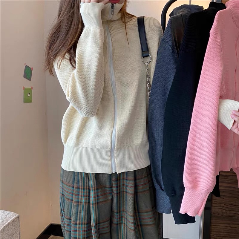 ins style women's autumn and winter new loose high collar knitted cardigan coat sweater sweet spicy top