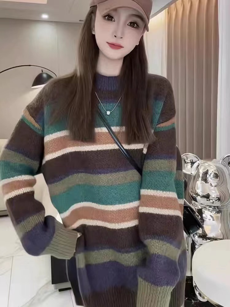 超好看慵懶風撞色條紋套頭針織毛衣女秋冬季2023新款高級感小個子
