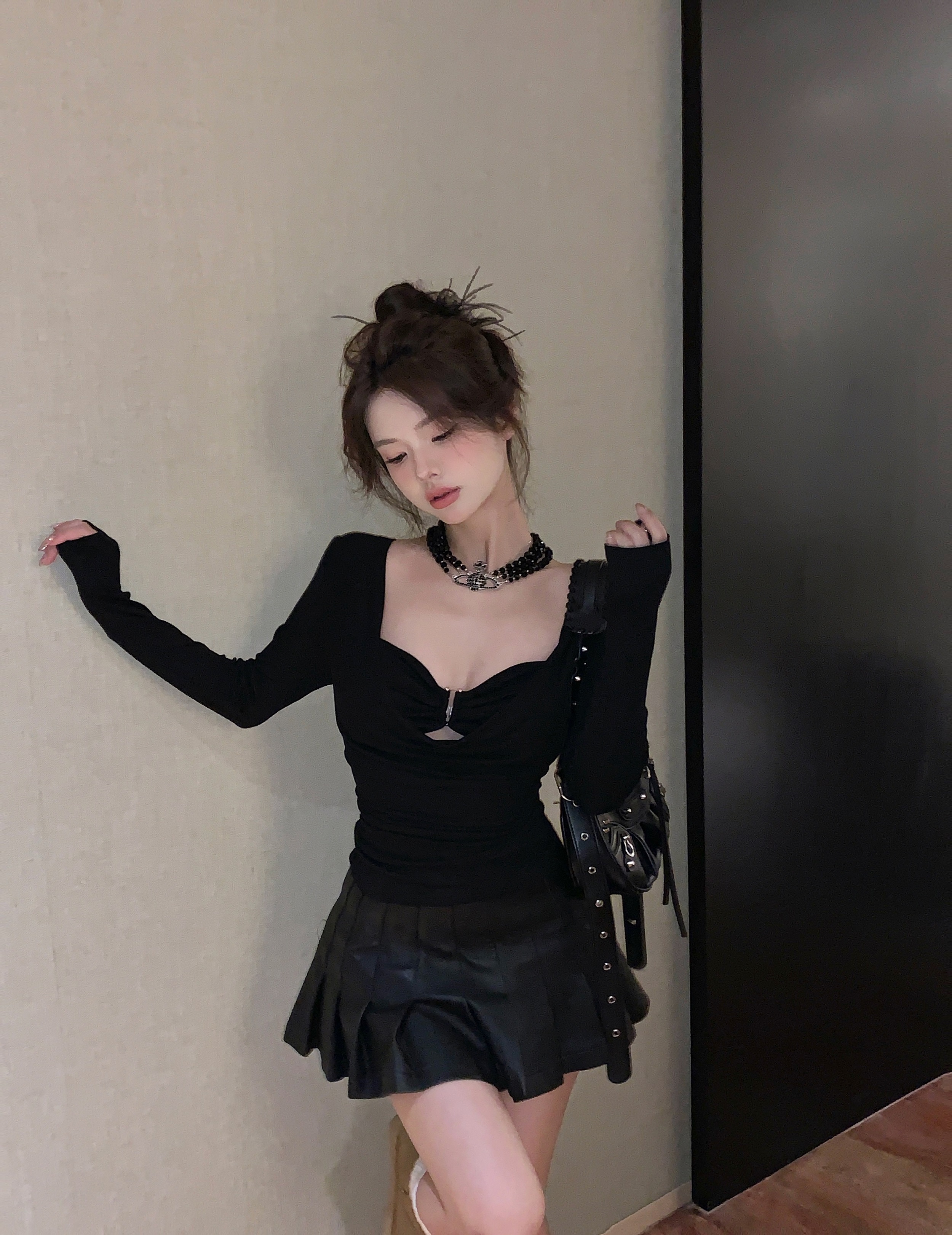 實拍~設計感塔扣修身內搭吊帶甜酷風低領百搭長袖T恤套裝女