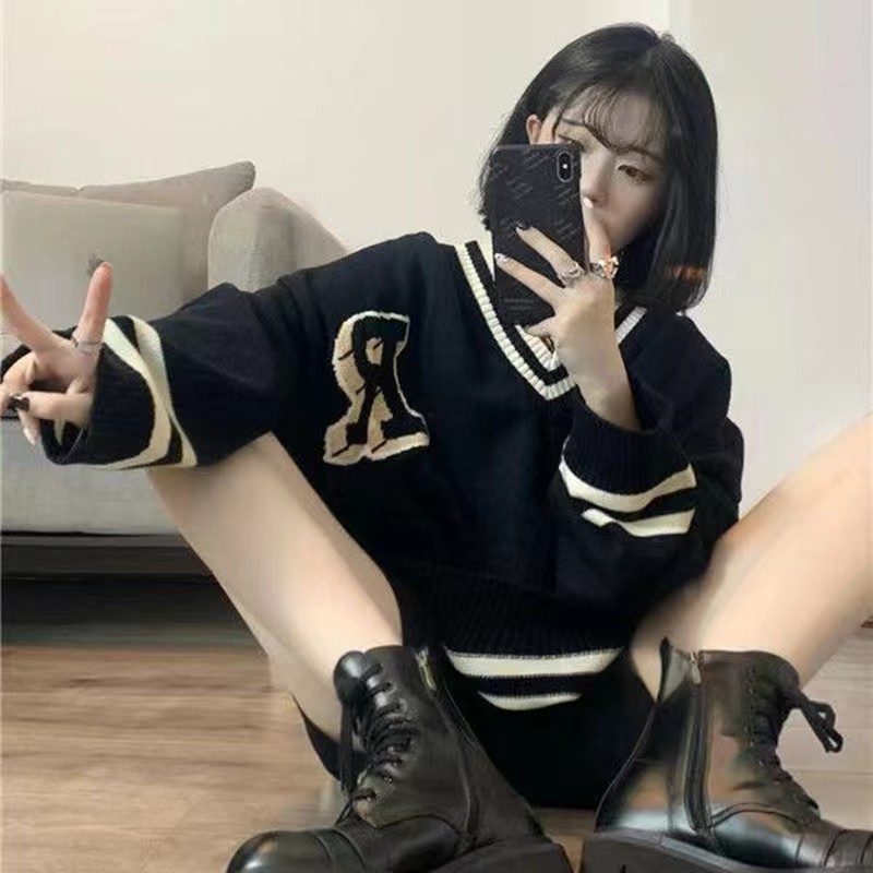 Korean style loose V-neck college style contrast color versatile long-sleeved sweater pullover sweater for women