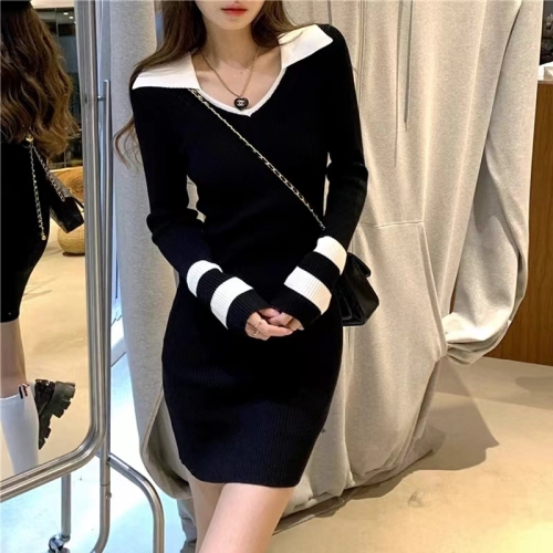  new spring, autumn and winter hot girl French slim long-sleeved sexy hip-covering polo knitted bottoming dress for women