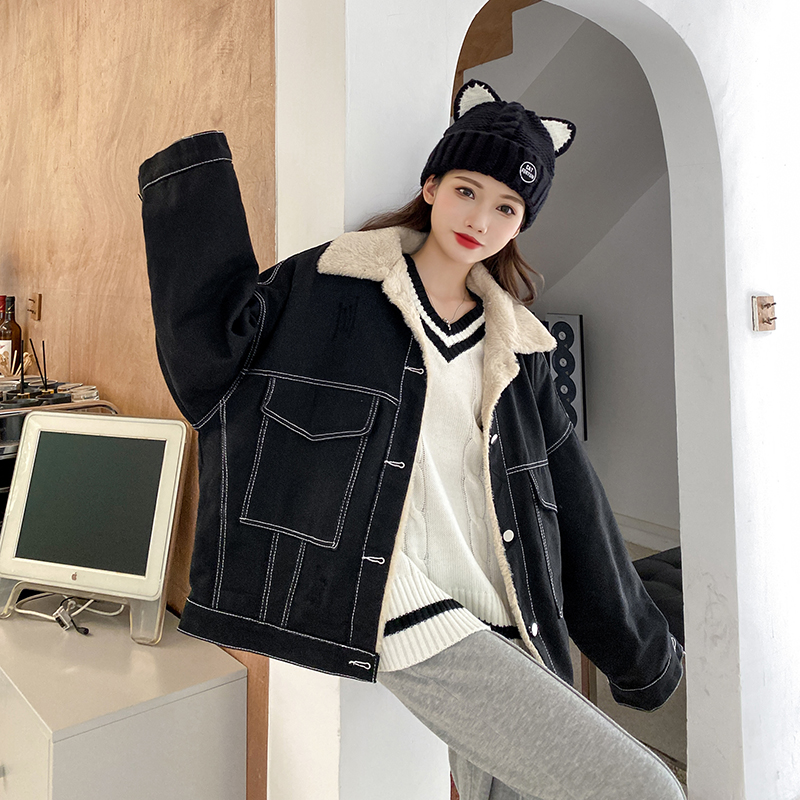 實拍~翻領加絨加厚牛仔外套2023秋冬寬鬆韓版休閒工裝棉服女
