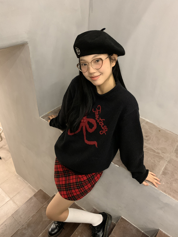紅人館黑色毛衣女款2023新款秋冬外套慵懶風高級寬鬆蝴蝶結針織衫