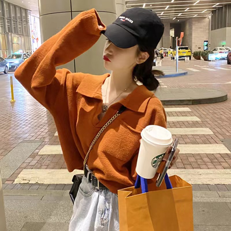 Korean retro Polo collar versatile sweater for women loose 2023 autumn and winter lazy short pullover v-neck sweater