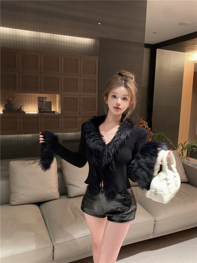 實拍 毛毛v領針織開衫女秋冬氣質名媛不規則修身內搭長袖毛衣