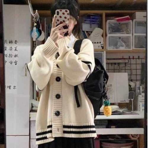 Japanese college style v-neck sweater jacket for women  autumn new loose student outer knitted cardigan top