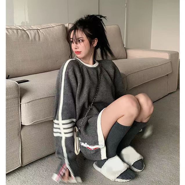 Retro Hong Kong Style Striped Contrast Color Sweater Women's Autumn and Winter Loose Outerwear Versatile Lazy Style Slit Sweater