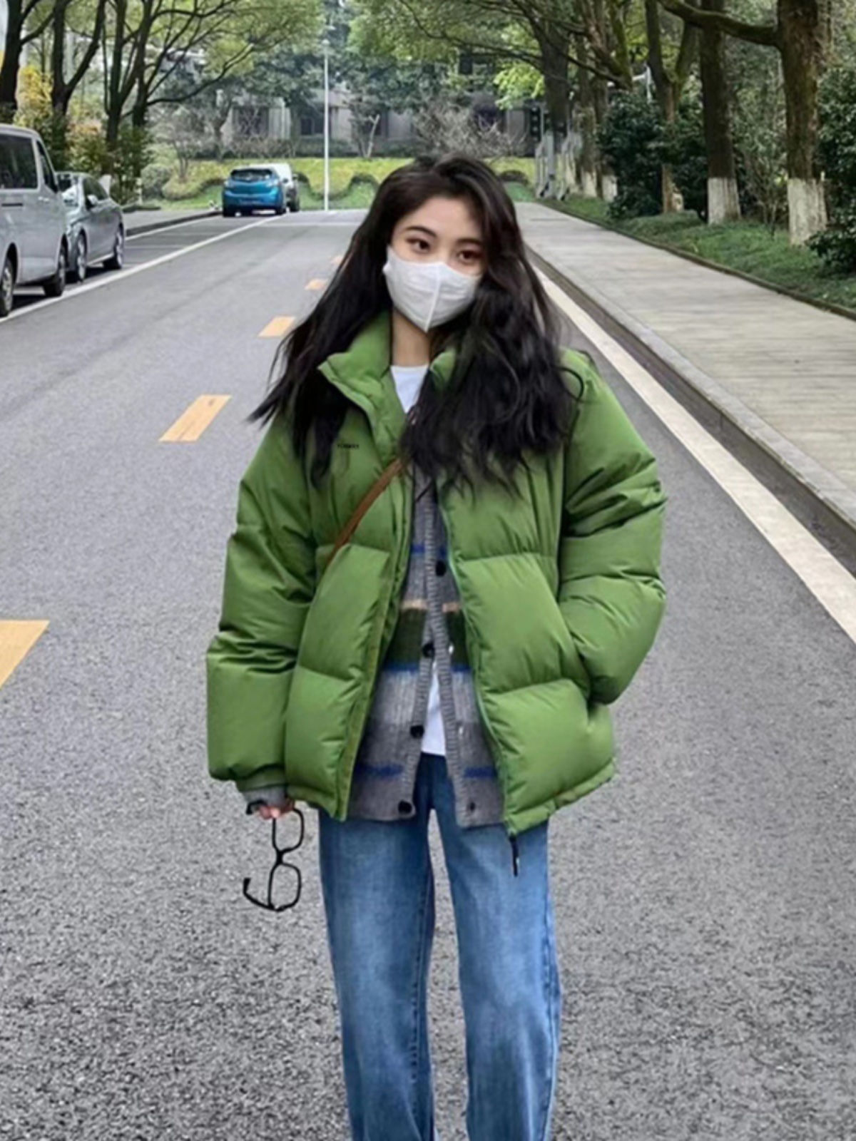 牛油果綠棉衣棉服女秋冬加絨加厚寬鬆oversize美式復古麵包服外套