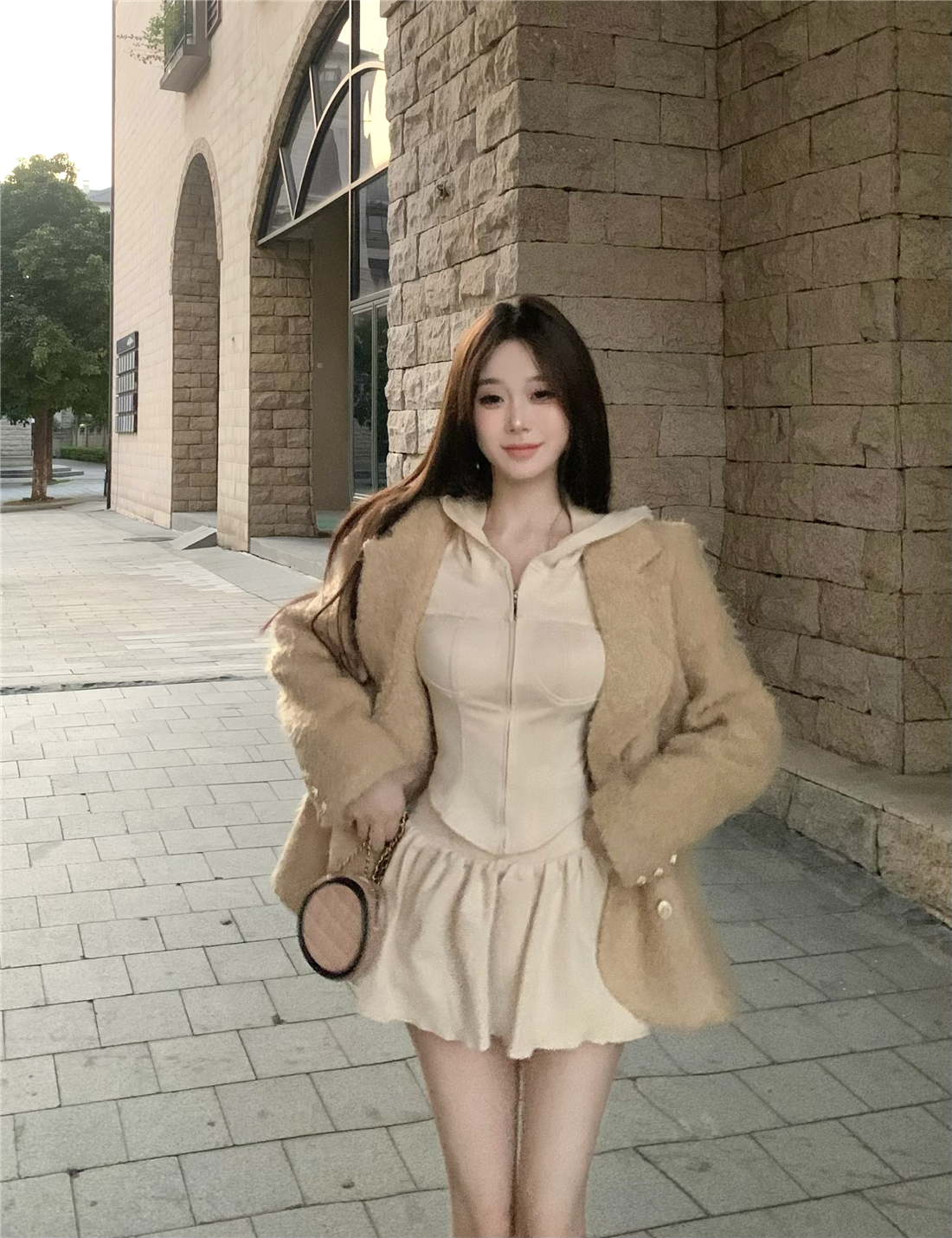 毛毛夾棉西裝外套女秋冬休閒西服+麂皮絨長袖連帽外套兩件套