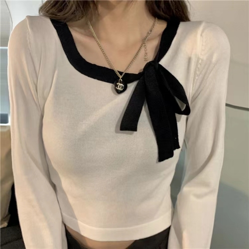 High-waisted navel-baring long-sleeved sweater for women, petite design, niche slim-fitting short top