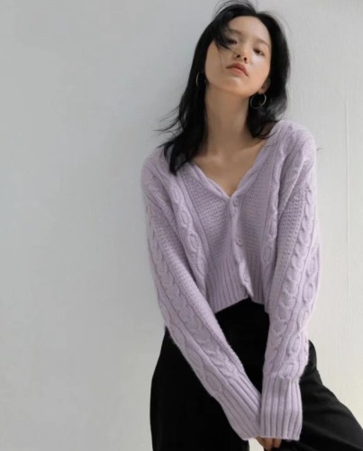 French v-neck twist knitted cardigan for women early autumn new style lazy wind warm soft waxy sweater jacket outer top