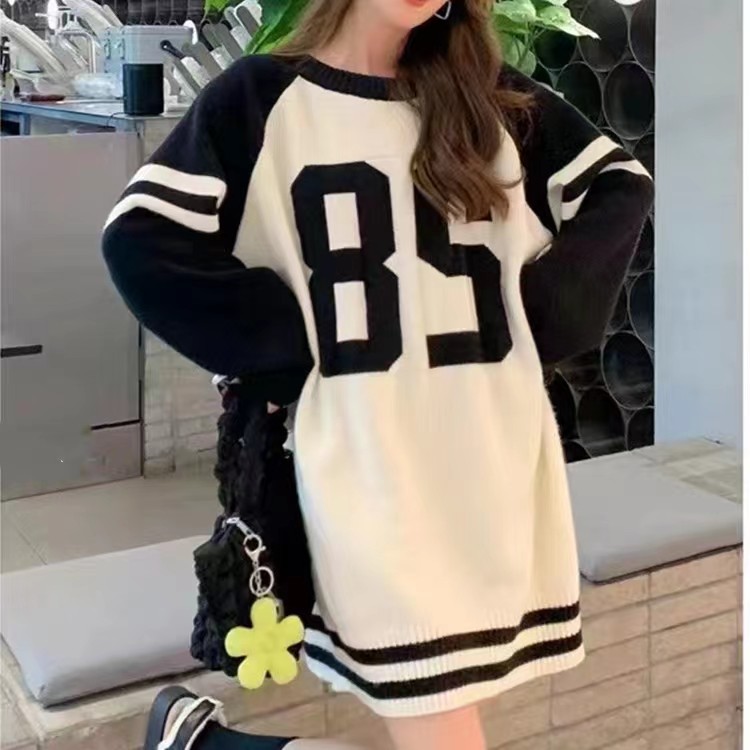 2023 new winter Korean style color block sweater loose lazy style knitted top