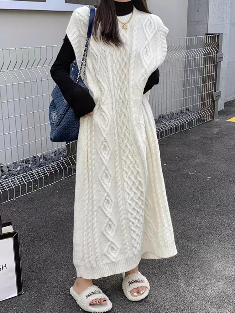 2023 new winter Korean style versatile loose soft waxy twist long sweater vest dress for women