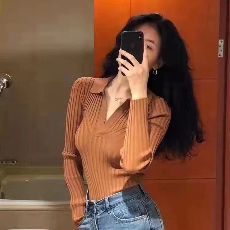 French high-end polo collar knitted long-sleeved T-shirt for women in autumn, pure lust for hot girls, chic inner short top