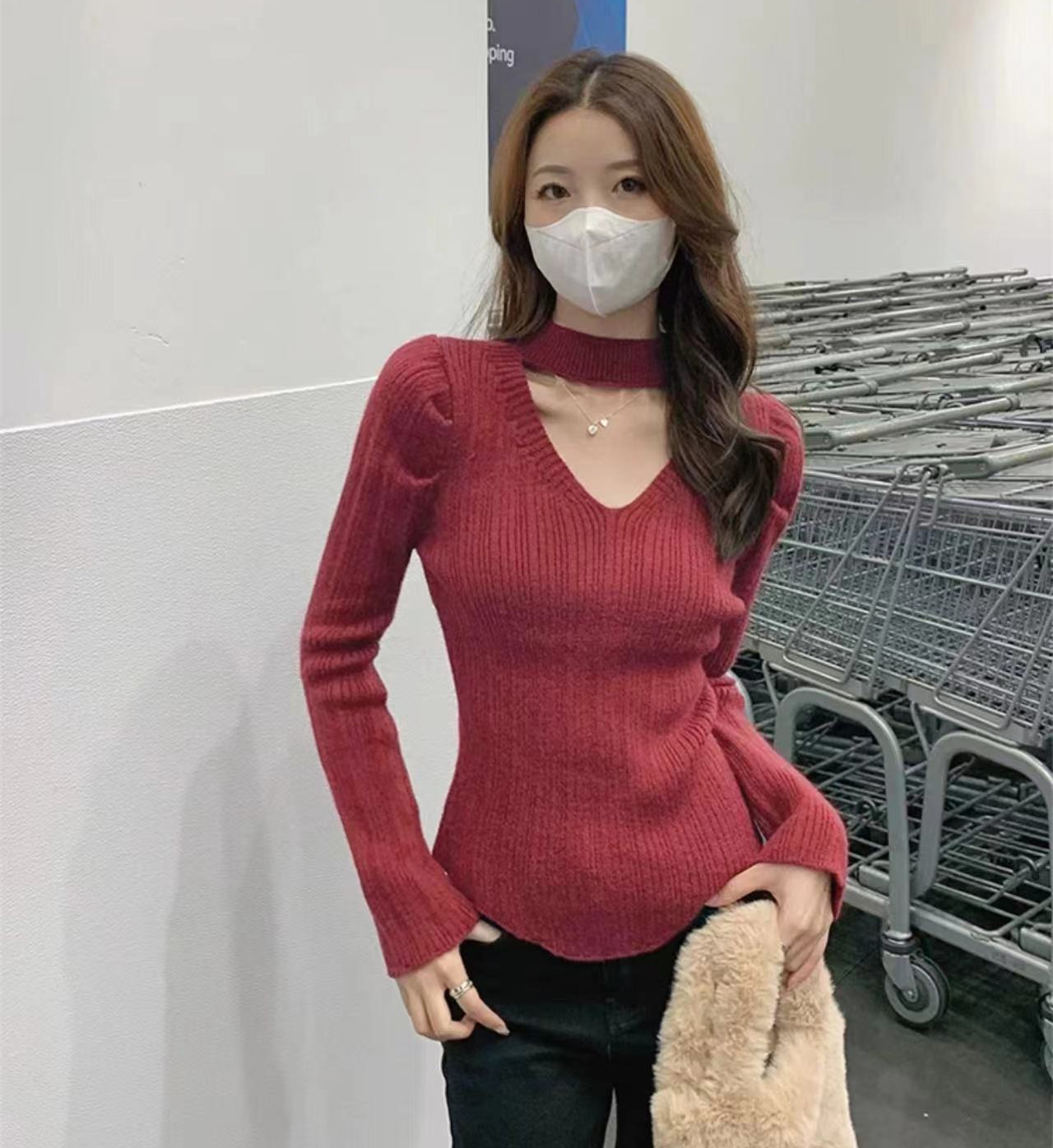 泡泡袖針織衫毛衣女秋冬不規則下擺掛脖鏤空小香風打底衫內搭上衣