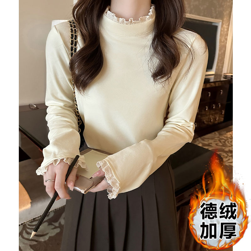 實拍半高領德絨打底衫女秋冬季法式蕾絲花邊長袖t恤氣質上衣