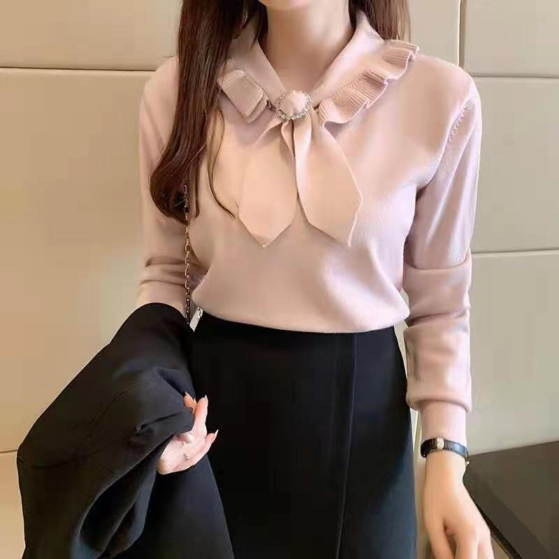 Solid Color Simple Versatile Knitted Sweater Women's 2023 Autumn New Style Chic Design Lace-up Long Sleeve Knitted Top