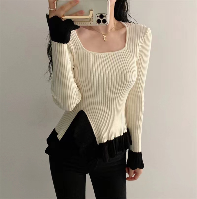 Retro Square Neck Ruffled Sweater 2023 New Autumn and Winter Spliced ​​Black Inner Bottoming Shirt Top