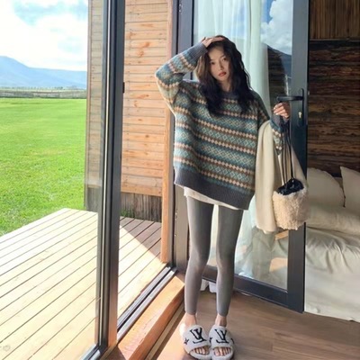 Gentle style retro rhombus knitted sweater jacket for women autumn and winter 2023 new loose and slim round neck long-sleeved top