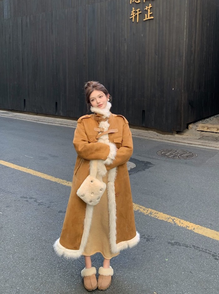 實拍 美拉德中長款皮毛一體立領長袖加絨保暖開衫大衣外套