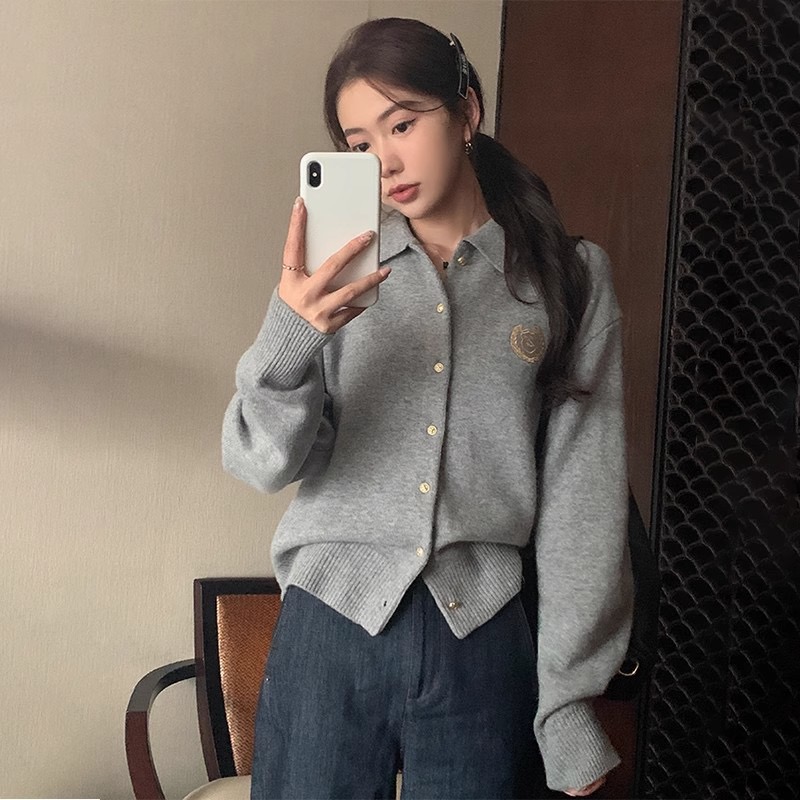 POLO lapel sweater jacket for women in autumn and winter retro lazy loose outer wear high-end knitted cardigan