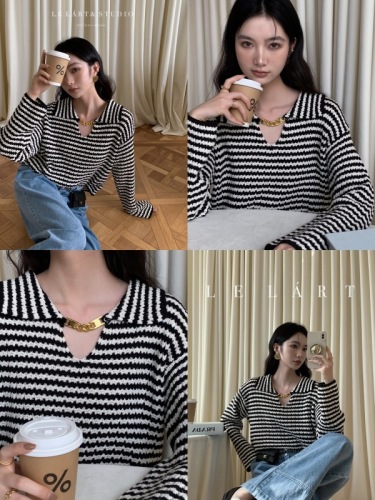 Autumn little French Hepburn style doll collar striped sweater loose lazy style sweater outer top for women