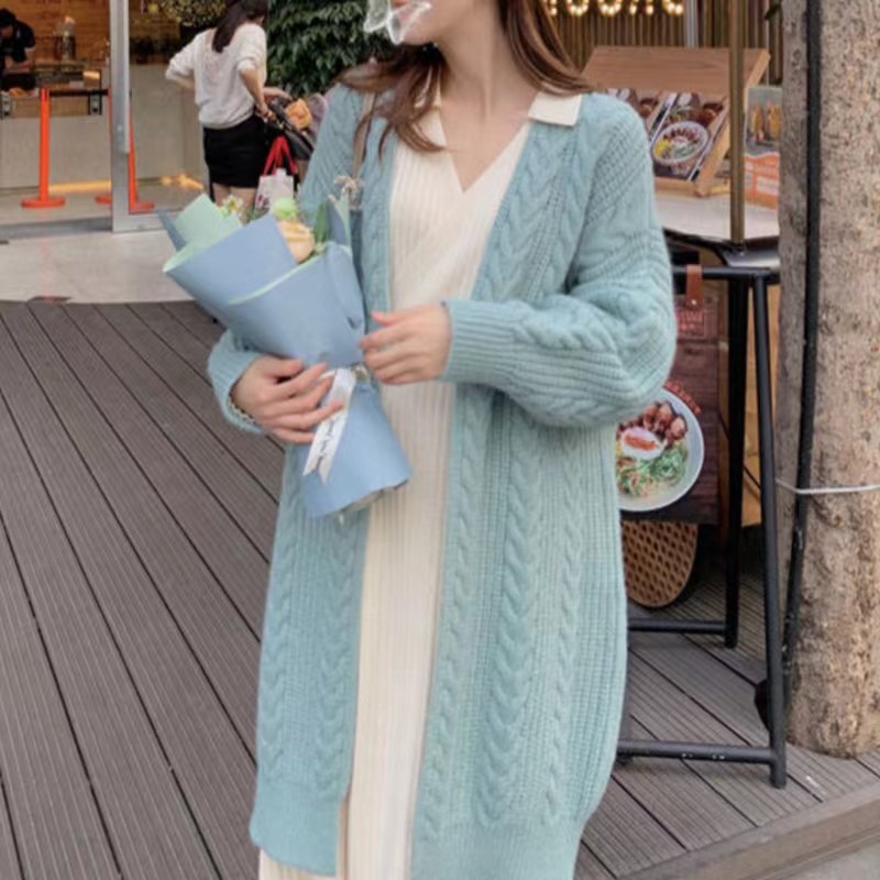 Korean style new retro fashion simple loose twist winter mid-length knitted cardigan sweater