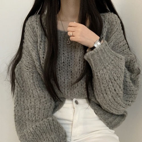 Spring and autumn new style lazy style outer wear knitted T-shirt lantern sleeve wool knitted top female student design bottoming shirt